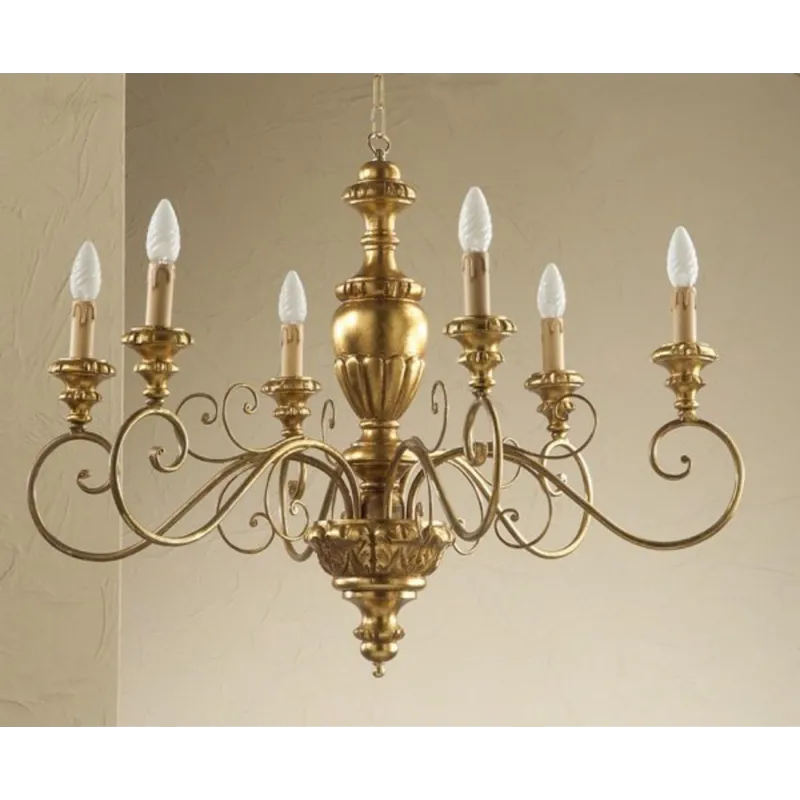 Classic chandelier in gold leaf wood 6 lights Esse 32/6