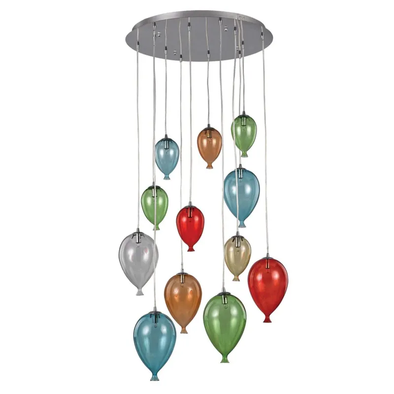 Modern chandelier with blown glass at 12 multicolored Clown lights