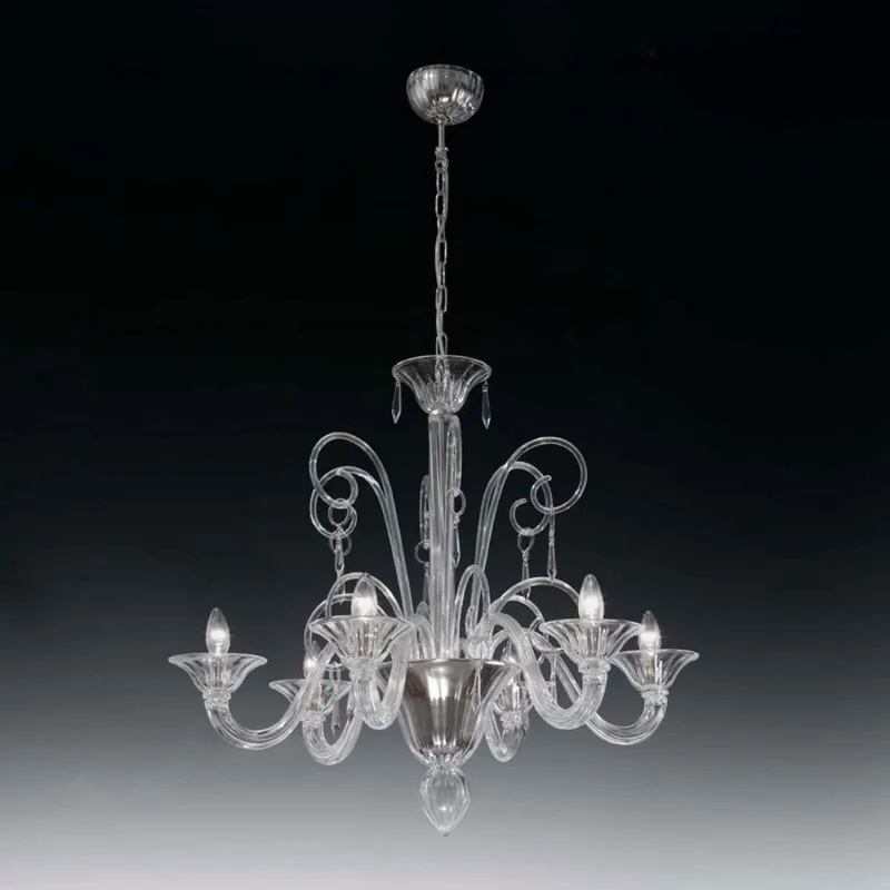 Murano chandelier 6 lights with pendants Voltolina Bach transparent