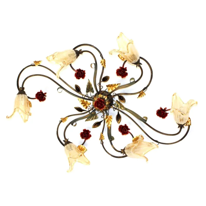 Classic wrought iron ceiling lamp 6 lights with red Rose gold leaf