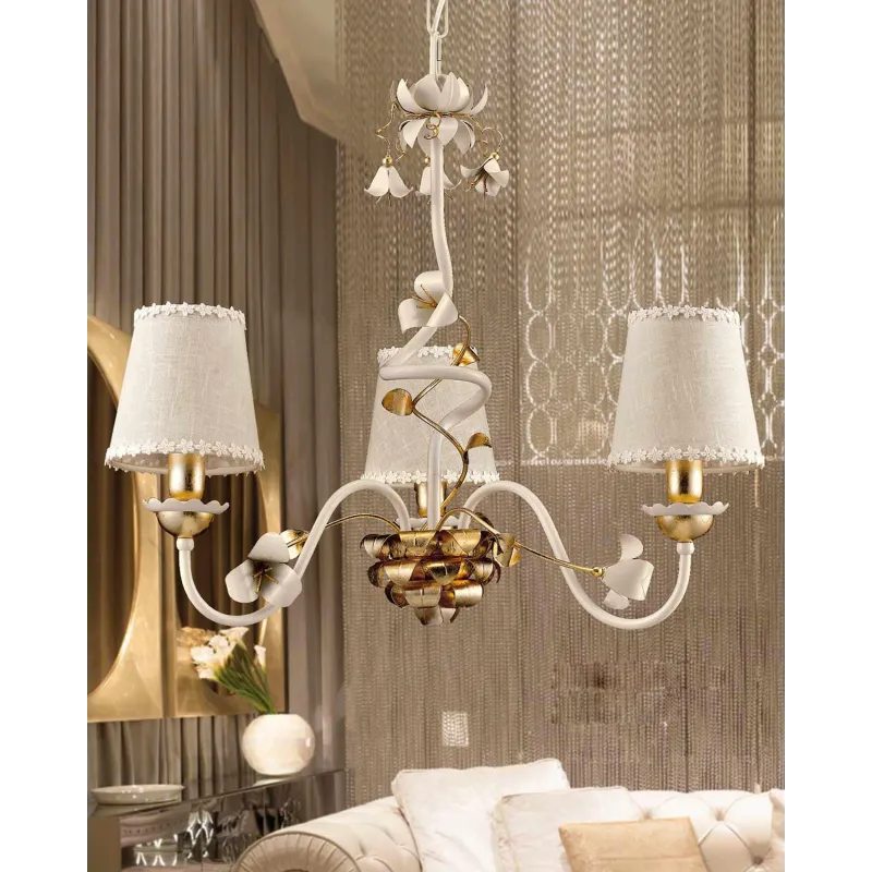 Classic chandelier wrought iron ivory and gold leaf 3 lights LS 157/3