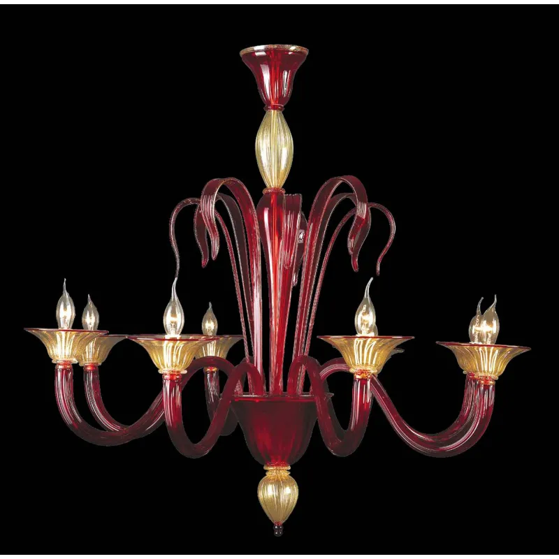 Murano chandelier of red 24k gold 8 lights made in italy 7567 8