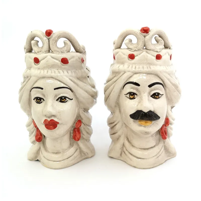 Pair of Moor's heads h15 cm in red caltagirone ceramic