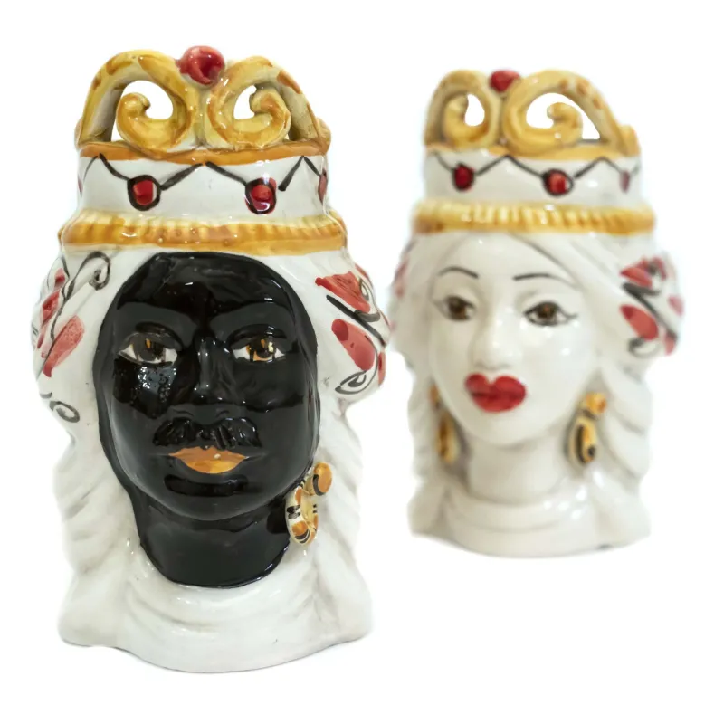 Pair of moor's heads h15 cm in caltagirone ceramic mod. red