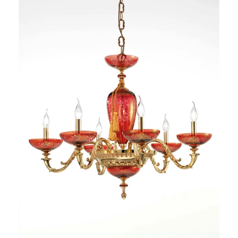 Luxury classic chandelier in 24k gold and red brass with 6 lights luxury m030 swarovsky