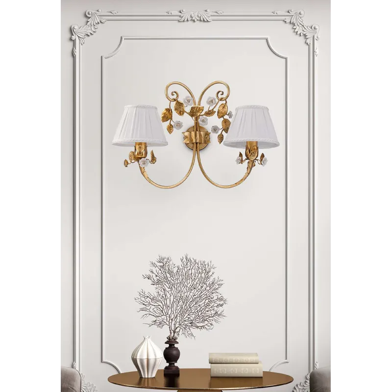 Applique in wrought iron gold leaf and porcelain 2 lights pre ap 168/2p