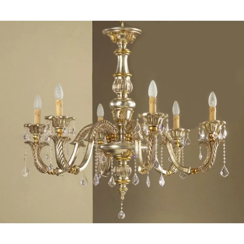 Classic chandelier in wood leaf silver-gold 6 lights Esse 715/6