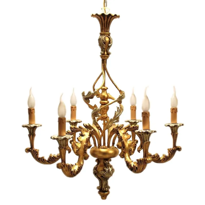 Lampadario classico in legno foglia oro-argento 6 luci Dbs 300/6G